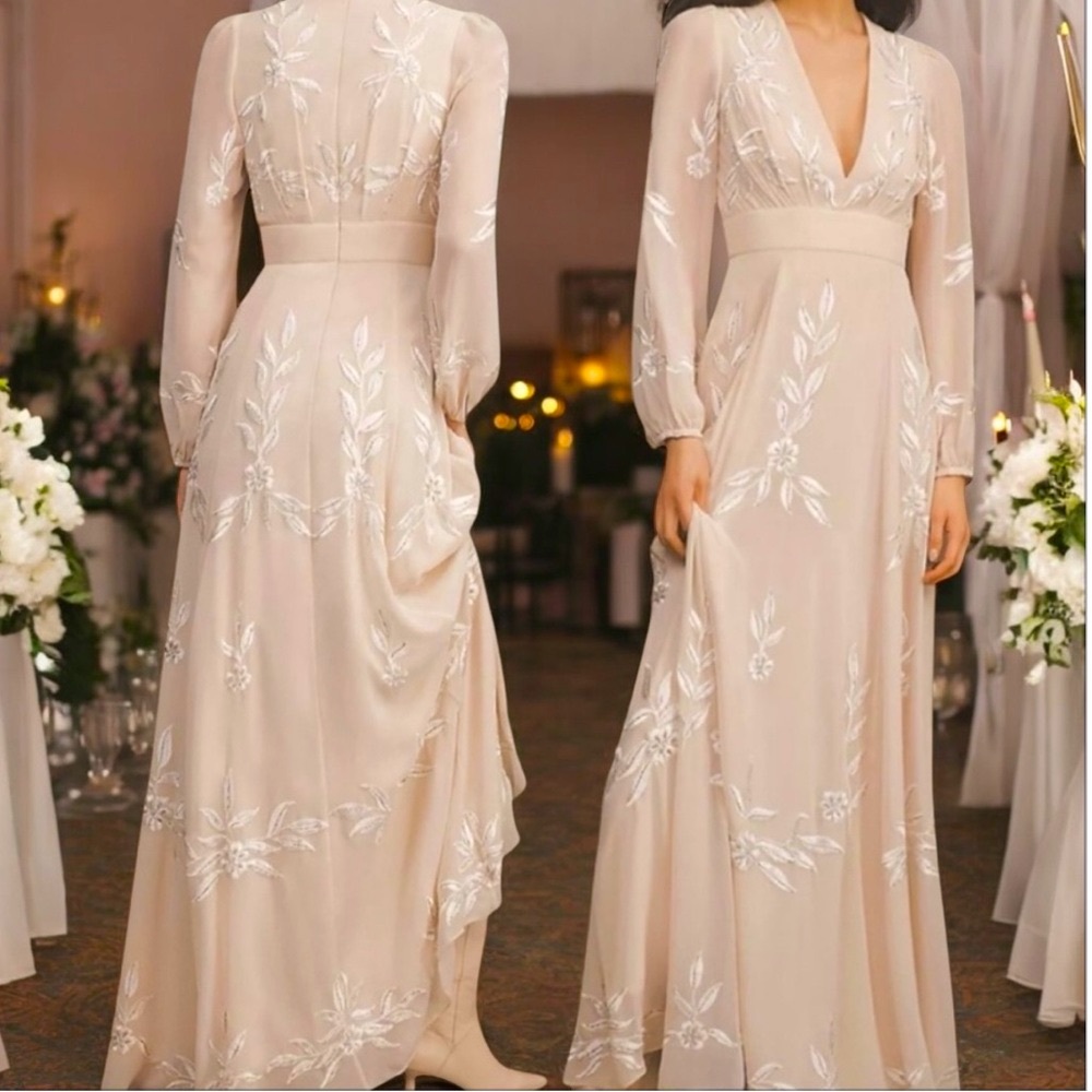 New BHLDN Belize 2 / XS Champagne Embroidered Beaded V-Neck Formal Maxi Gown